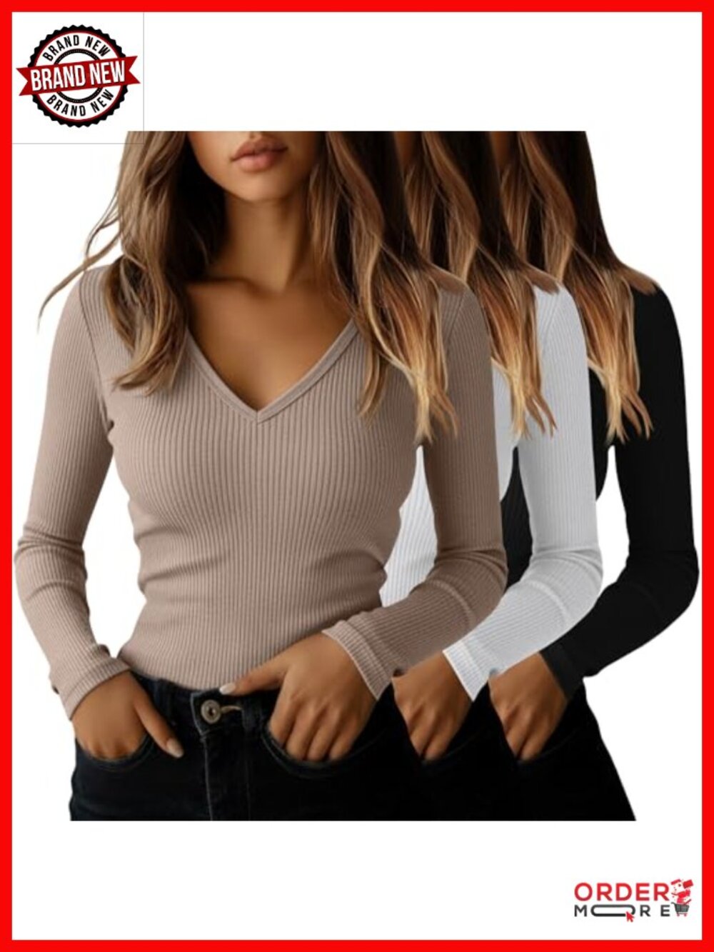 Womens Ribbed Long Sleeve V Neck Cotton Top Slim Fit Shirt